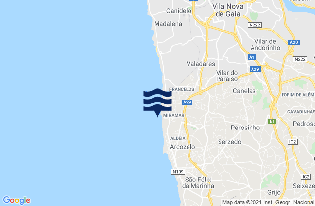Carte des horaires des marées pour Praia de Miramar, Portugal