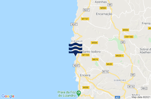 Carte des horaires des marées pour Praia de Ribeira d'Ilhas, Portugal