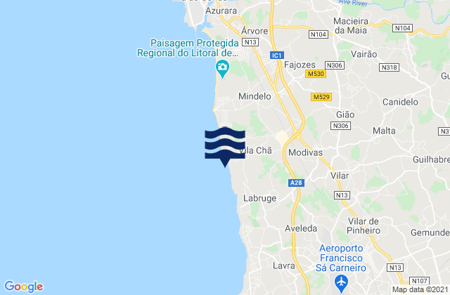 Carte des horaires des marées pour Praia de Vila Chã, Portugal