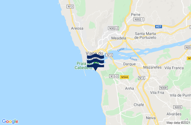 Carte des horaires des marées pour Praia do Cabedelo, Portugal