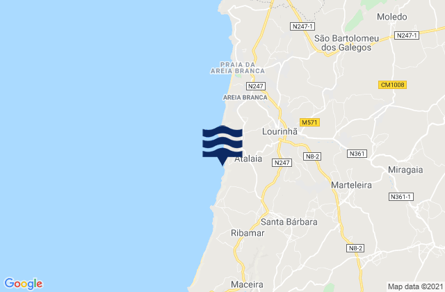Carte des horaires des marées pour Praia do Porto das Barcas, Portugal