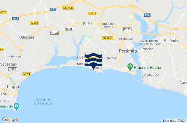 Carte des horaires des marées pour Praia dos Três Irmãos, Portugal