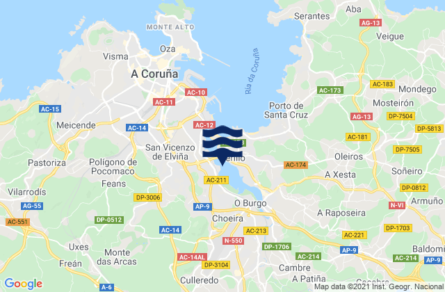 Carte des horaires des marées pour Provincia da Coruña, Spain