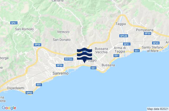 Carte des horaires des marées pour Provincia di Imperia, Italy