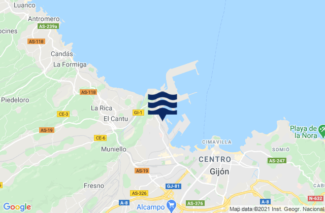 Carte des horaires des marées pour Puerto de Gijón, Spain