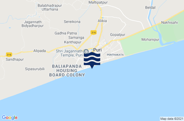 Carte des horaires des marées pour Puri Beach, India
