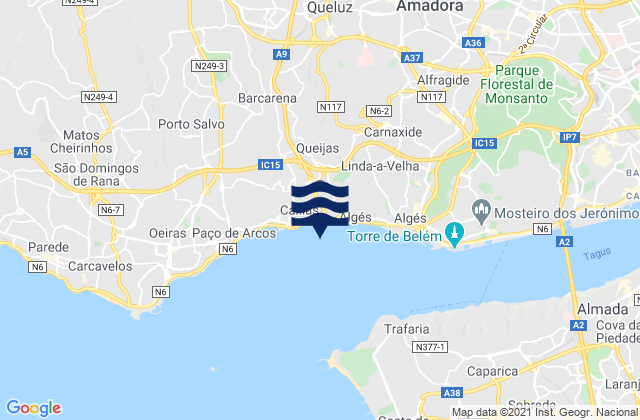 Carte des horaires des marées pour Queluz, Portugal
