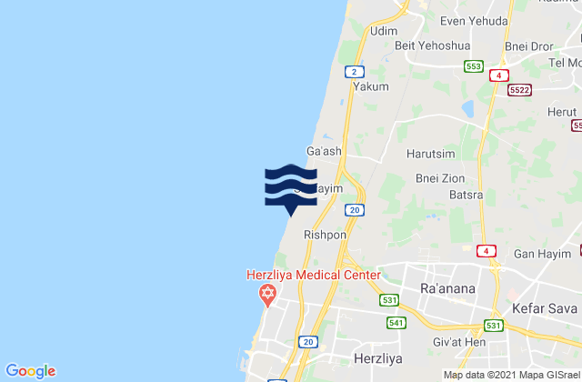 Carte des horaires des marées pour Ra'anana, Israel