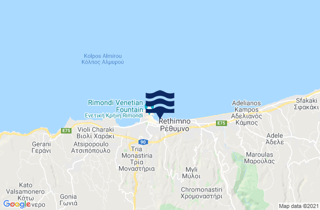 Carte des horaires des marées pour Rethymno, Greece
