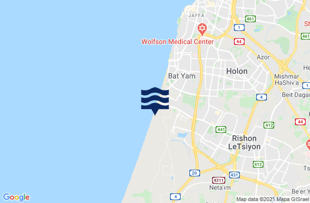 Carte des horaires des marées pour Rishon LeẔiyyon, Israel