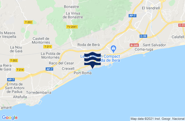 Carte des horaires des marées pour Roda de Barà, Spain