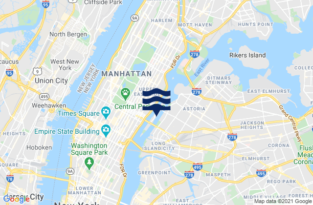 Carte des horaires des marées pour Roosevelt Island, north end, East River, United States