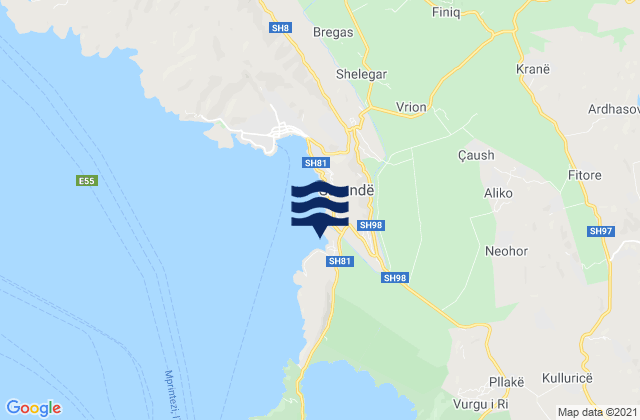 Carte des horaires des marées pour Rrethi i Sarandës, Albania