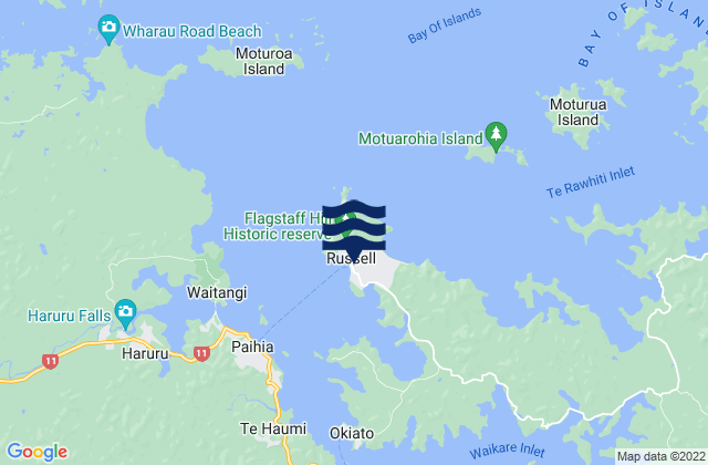 Carte des horaires des marées pour Russell, New Zealand