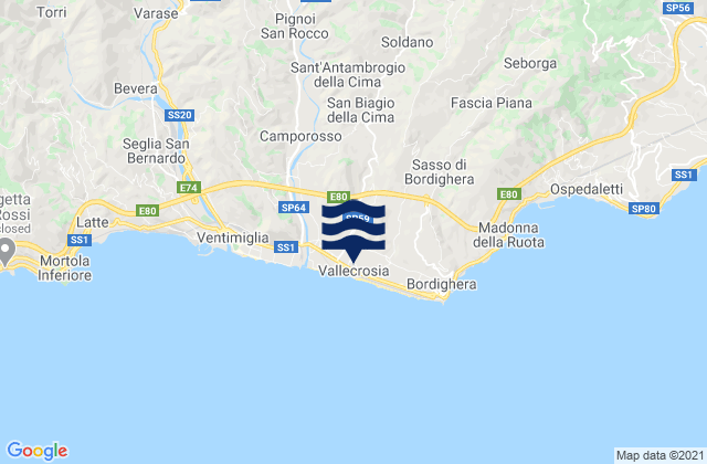 Carte des horaires des marées pour San Biagio della Cima, Italy