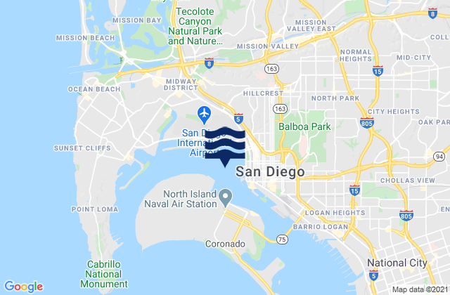 Carte des horaires des marées pour San Diego 0.5 mile west of, United States