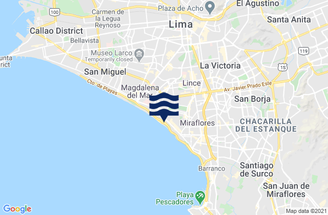 Carte des horaires des marées pour San Isidro, Peru