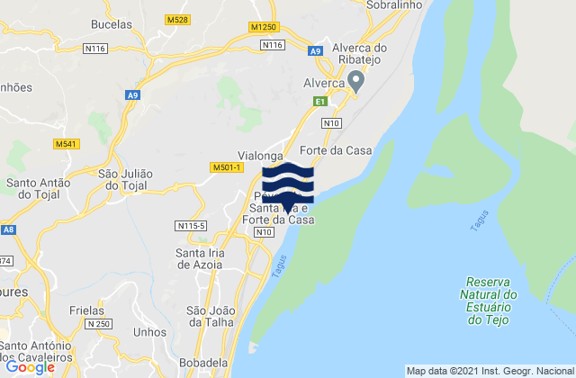 Carte des horaires des marées pour San Miguel - Santa Iria, Portugal