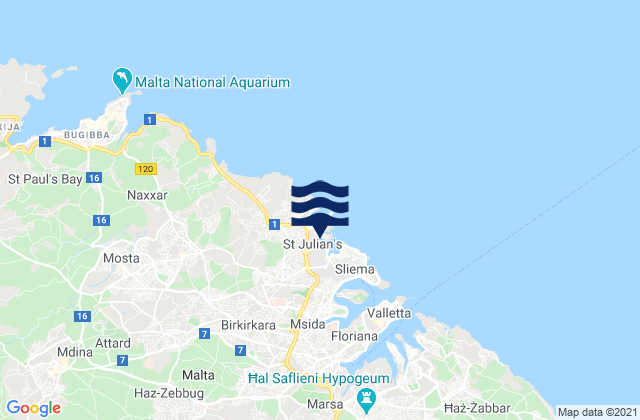 Carte des horaires des marées pour San Ġiljan, Malta