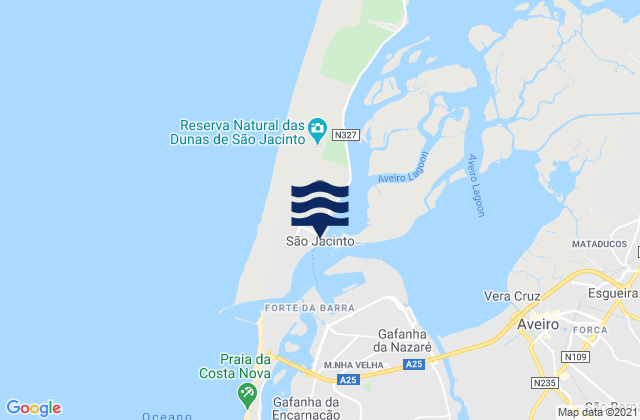 Carte des horaires des marées pour Sao Jacinto, Portugal