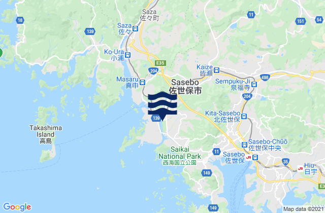 Carte des horaires des marées pour Sasebo Shi, Japan