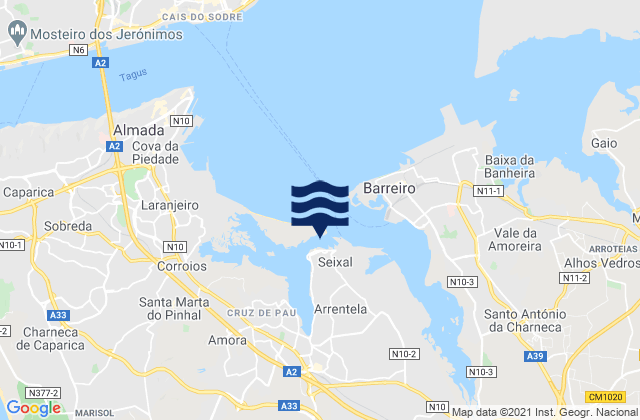 Carte des horaires des marées pour Seixal, Portugal