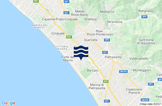 Carte des horaires des marées pour Seravezza, Italy