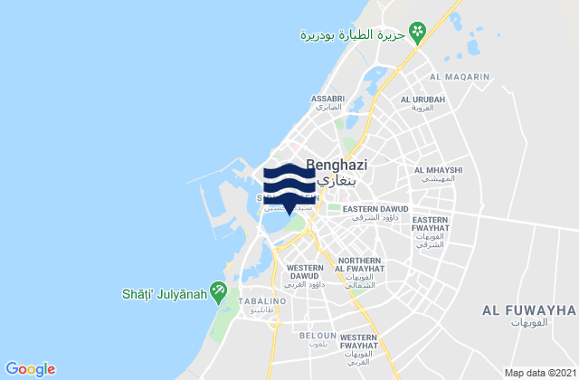 Carte des horaires des marées pour Sha‘bīyat Banghāzī, Libya