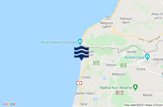 Carte des horaires des marées pour Shelomi, Israel