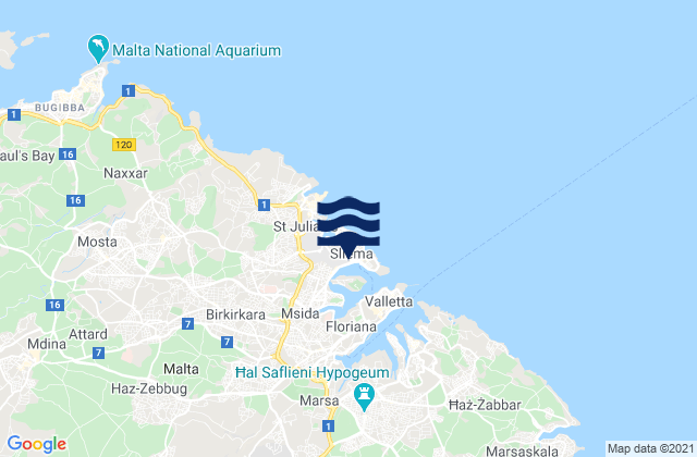Carte des horaires des marées pour Sliema, Malta