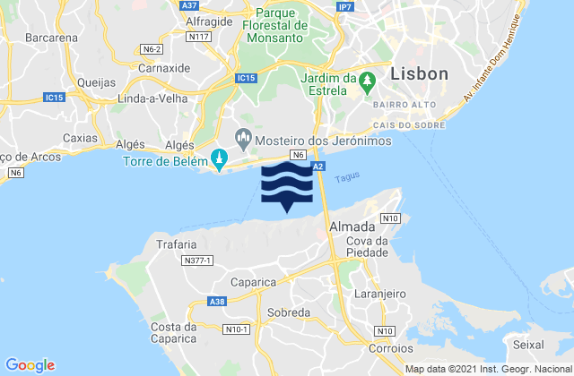 Carte des horaires des marées pour Sobreda, Portugal