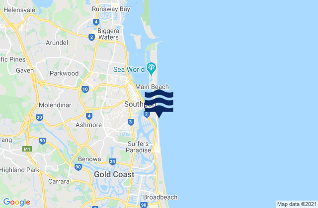 Carte des horaires des marées pour Southport Main Beach, Australia