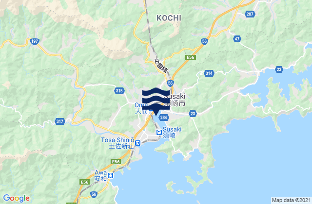 Carte des horaires des marées pour Susaki (Koti), Japan