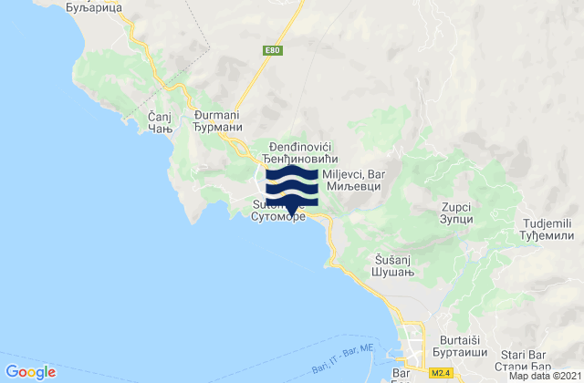 Carte des horaires des marées pour Sutomore, Montenegro