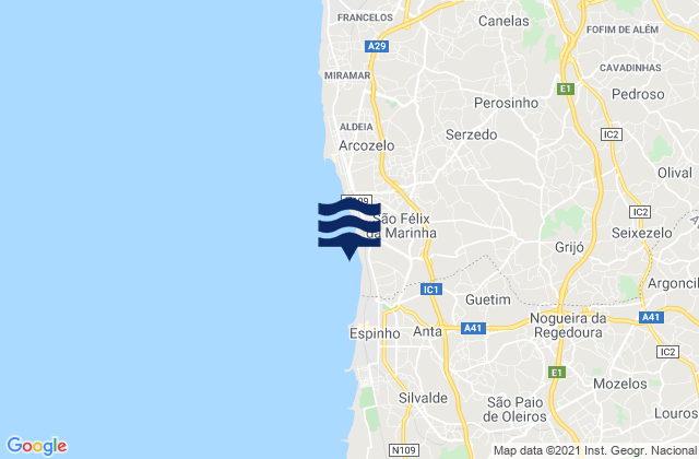 Carte des horaires des marées pour São Félix da Marinha, Portugal