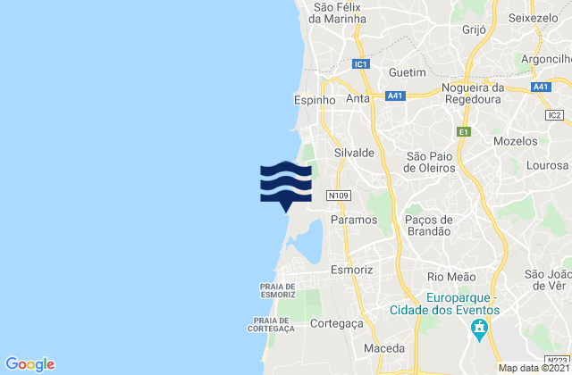 Carte des horaires des marées pour São João de Ver, Portugal