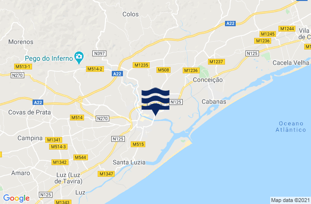 Carte des horaires des marées pour Tavira, Portugal