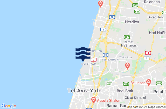 Carte des horaires des marées pour Tel Baruch North Beach, Palestinian Territory