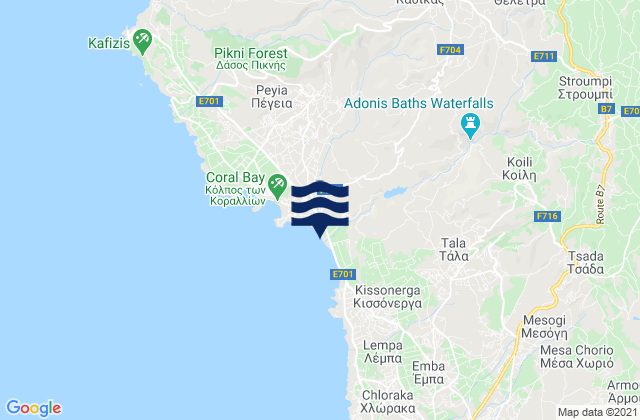 Carte des horaires des marées pour Thelétra, Cyprus