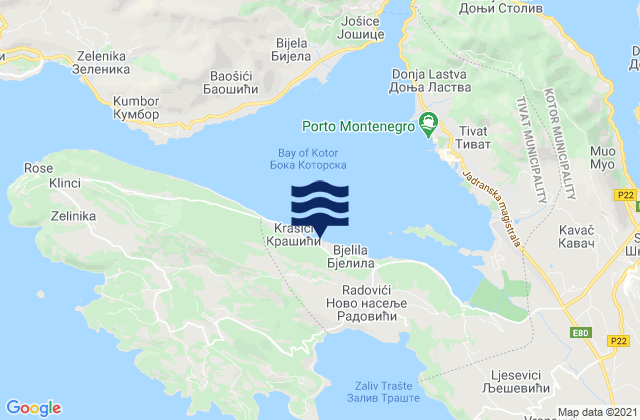 Carte des horaires des marées pour Tivat, Montenegro