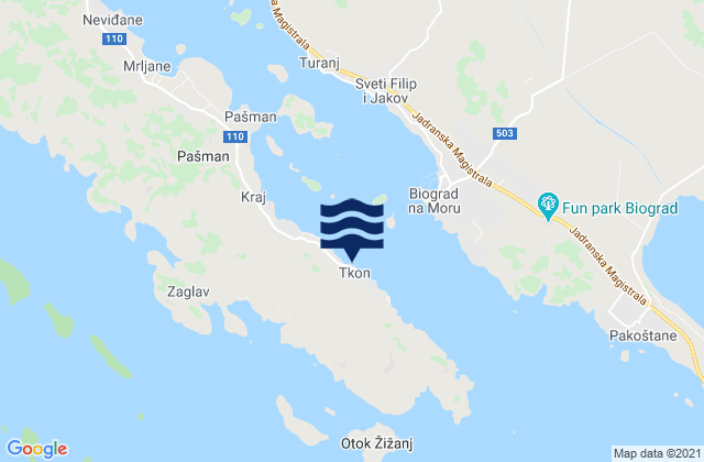 Carte des horaires des marées pour Tkon, Croatia