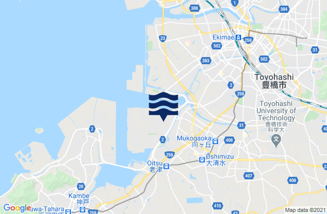 Carte des horaires des marées pour Toyohasi, Japan