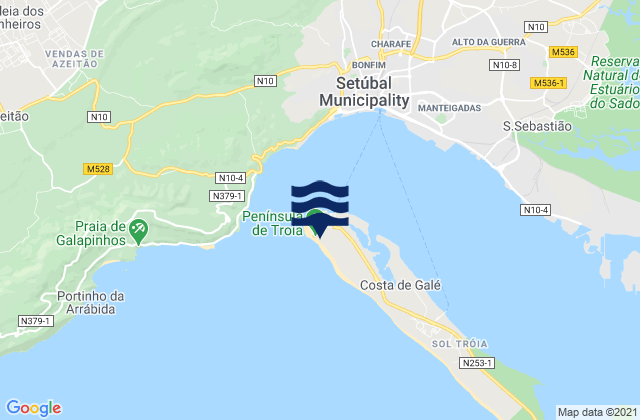 Carte des horaires des marées pour Troia, Portugal