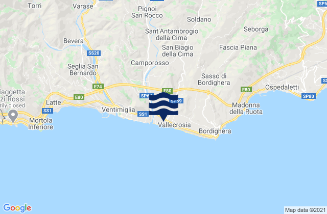 Carte des horaires des marées pour Vallecrosia, Italy