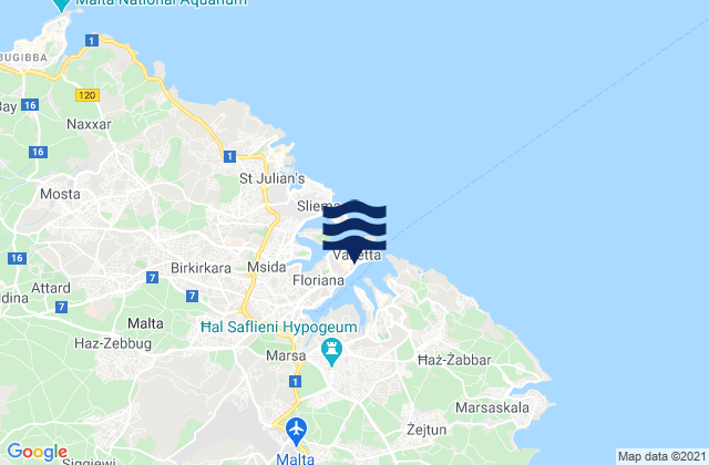 Carte des horaires des marées pour Valletta, Malta