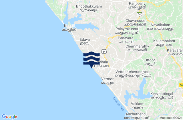 Carte des horaires des marées pour Varkkallai, India