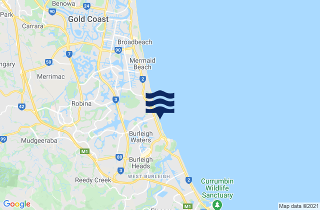 Carte des horaires des marées pour Varsity Lakes, Australia