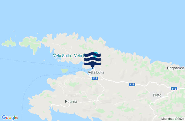 Carte des horaires des marées pour Vela Luka, Croatia