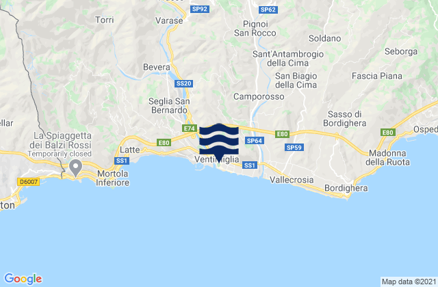 Carte des horaires des marées pour Ventimiglia, Italy