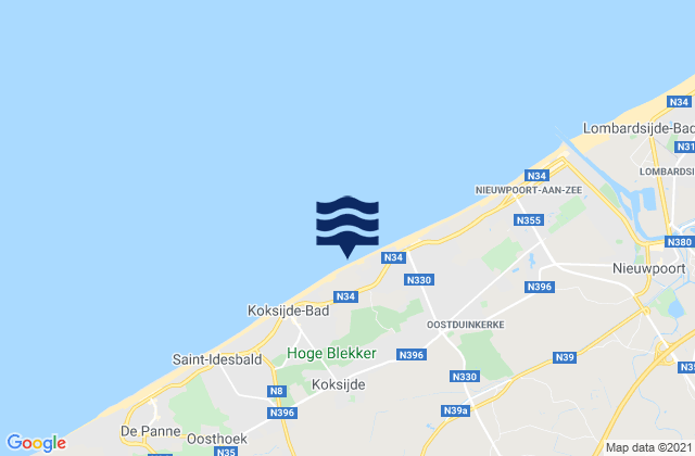Carte des horaires des marées pour Veurne, Belgium